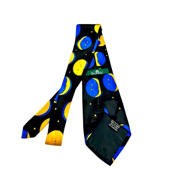 VINTAGE 90s SURREY BLACK YELLOW BLUE MOON STAR NECKTIE TIE SATIN CELESTIAL SPACE - Picture 2 of 5